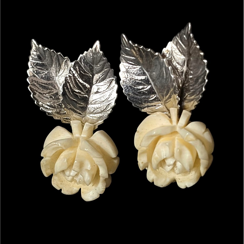Vintage Van Dell Sterling Silver Carved Bone Rose Leaf Screw Back Earrings